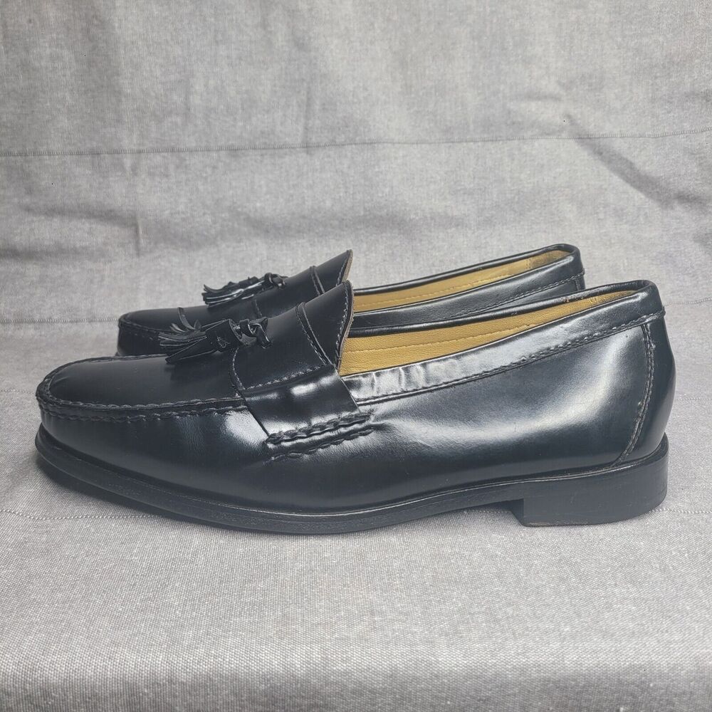 Brass Boot Black Leather Tassel Loafers Dress Shoes, 93364-001, 9.5 W US